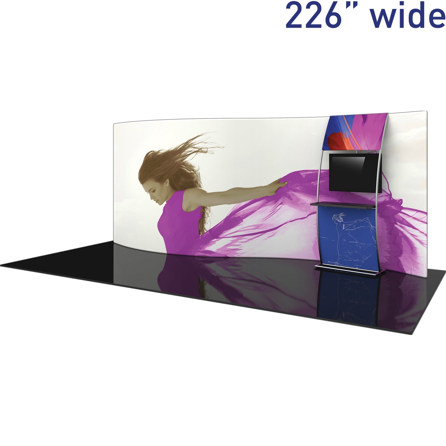 Formulate® Master Tradeshow Backdrop, Serpentine S-Curved · 20′ wide, 7½′ tall with Monitor Accent