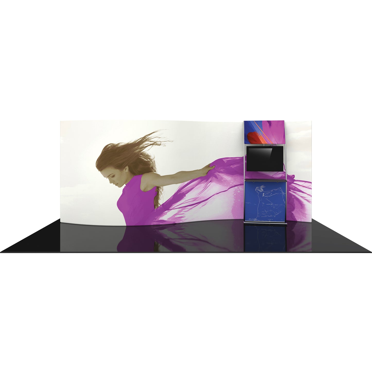 Formulate® Master Tradeshow Backdrop, Serpentine S-Curved · 20′ wide, 7½′ tall with Monitor Accent