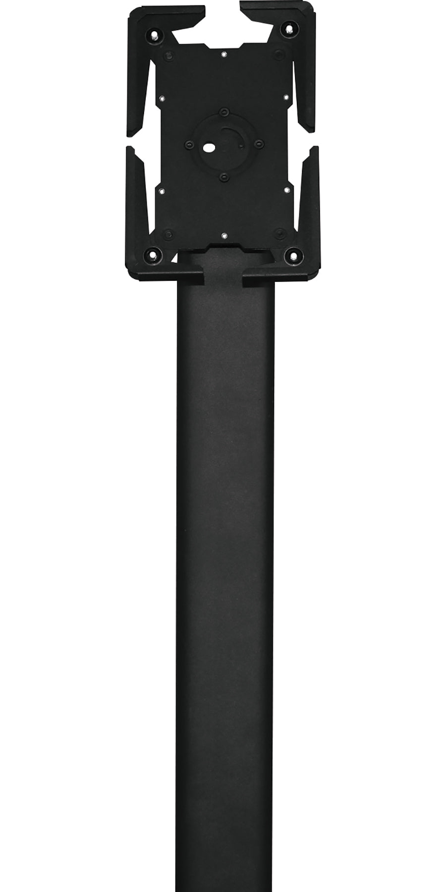 Close up of tablet holder on assembled stand with tablet holder in portrait orientation, shown without tablet.